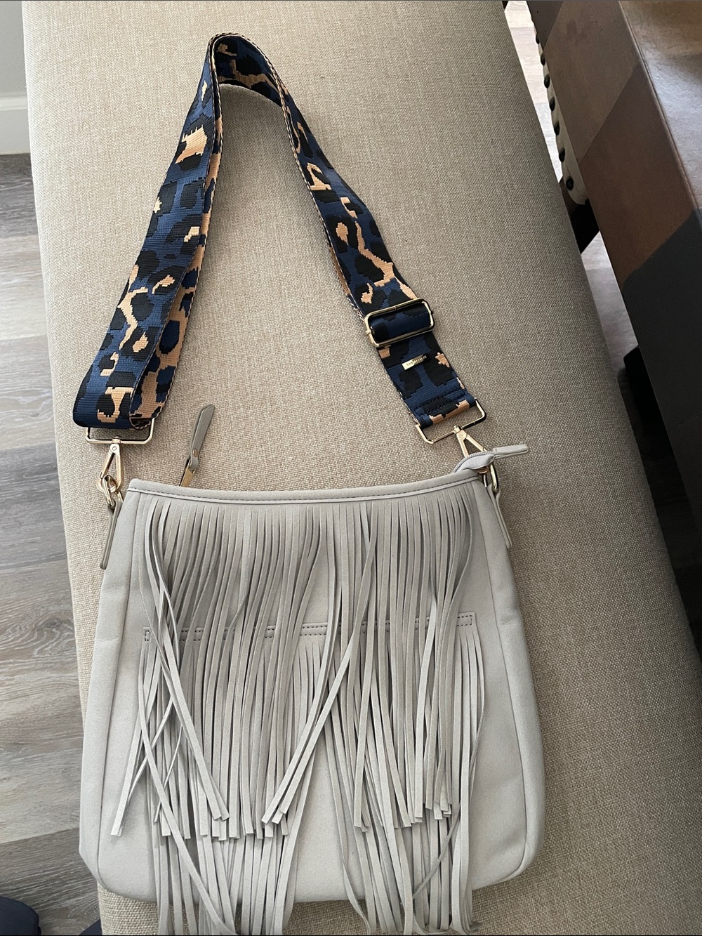 Fringed Crossbody Bag with Patterned Strap - Light Gray